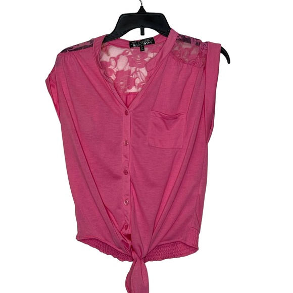 Almost Famous Button Up Top Size Large Pink With Lace Womens Sleeveless - Picture 1 of 8